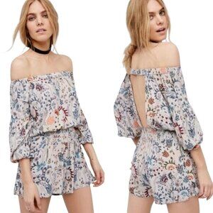 Free People Pretty and Free Romper Off Shoulder Floral Patterned Grey Blue Sz M